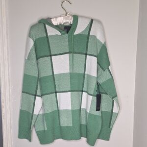 Rachel Roy Womens Green and White Plaid Sweater With Hoodie. NWT Sz 1X